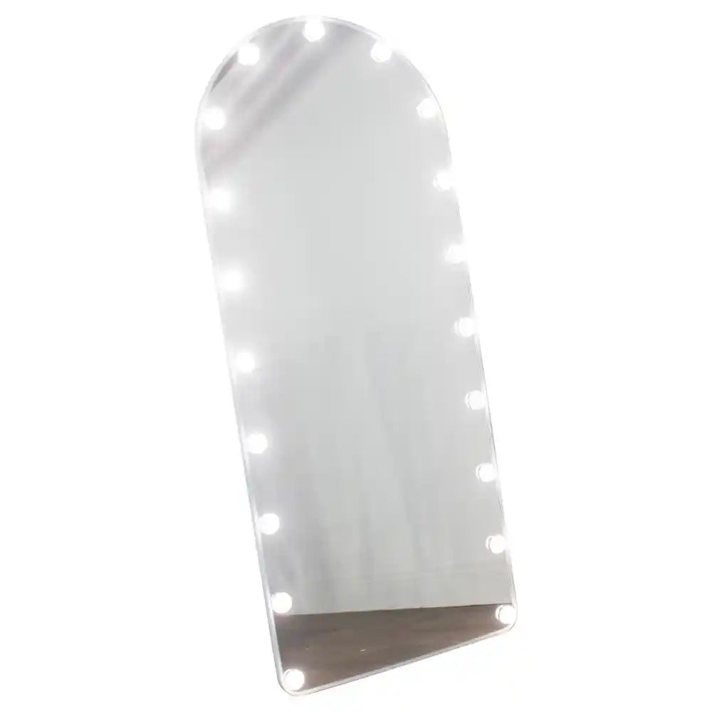 White arch-top cheval mirror with LED bulb lights around the frame, freestanding full-length mirror approximately 170cm x 70cm