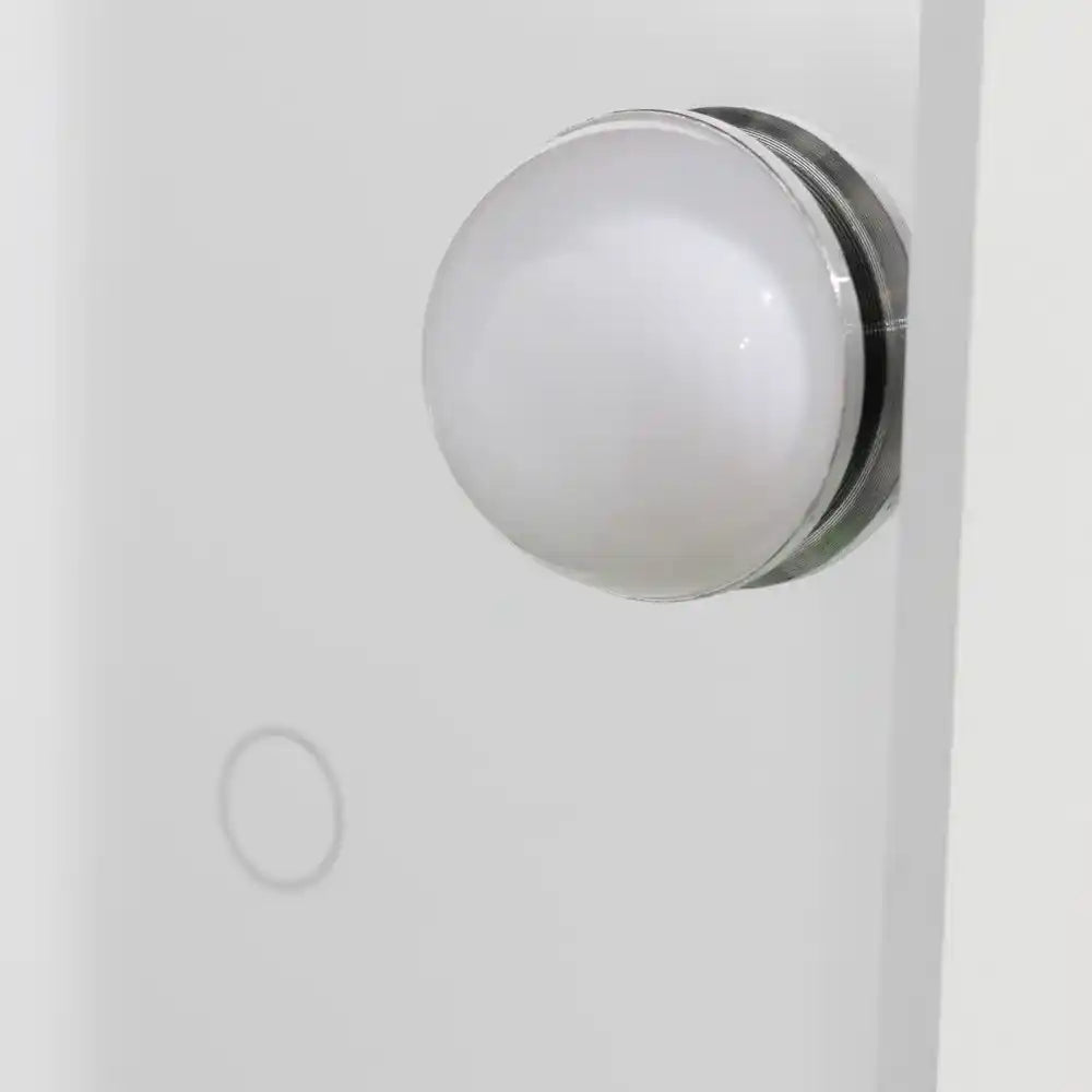 Modern white LED bulb flush mount ceiling light fixture with chrome trim ring mounted on white wall surface