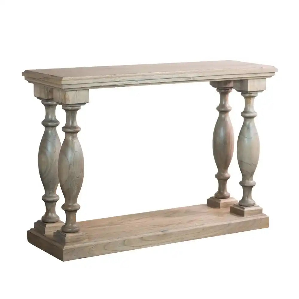 Tara Lane Pillars Console Table 120cm in natural wood finish with four turned wooden baluster legs and lower shelf, featuring a light grey-washed finish on the pedestal bases and natural wood top and base, classic traditional design style