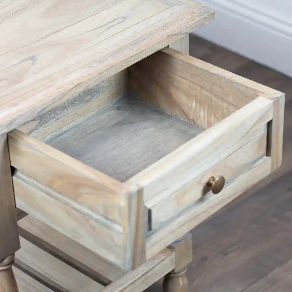 Tara Lane 1 Drawer End Table in light whitewashed wood with open drawer showing interior, brass knob hardware, rustic farmhouse style bedside table