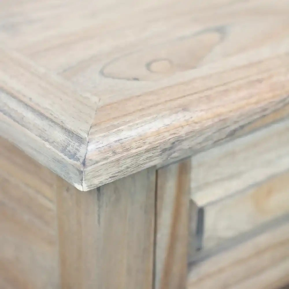 Close-up detail of whitewashed wood corner and edge of Tara Lane 1 Drawer End Table showing natural grain texture and rustic finish