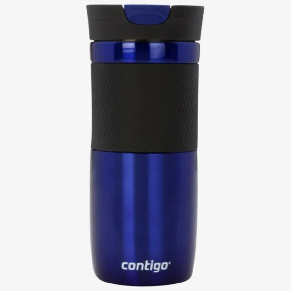 Contigo Byron SNAPSEAL Travel Mug 470ml in blue with black grip band and lid, featuring the Contigo branding on the lower front