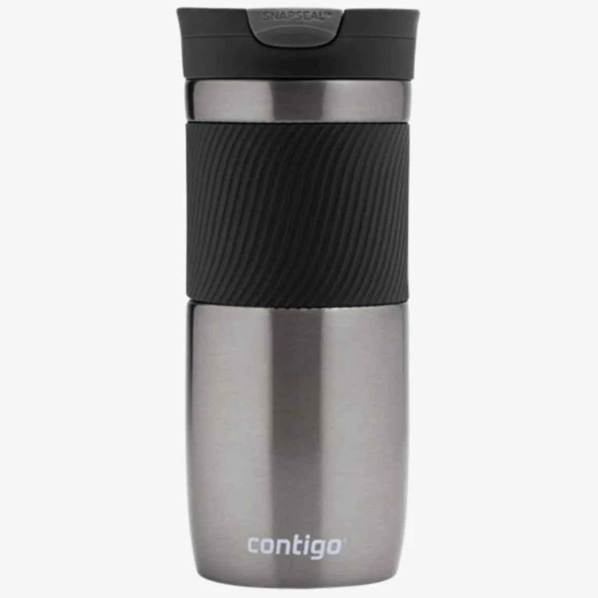 Contigo Byron SNAPSEAL travel mug 470ml in gunmetal with stainless steel body, black silicone grip band and snap seal lid