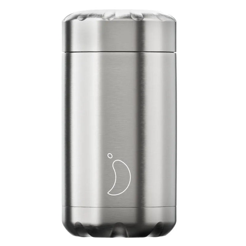 Chillys Original 500ml stainless steel food pot with brushed silver finish and crescent moon logo on white background