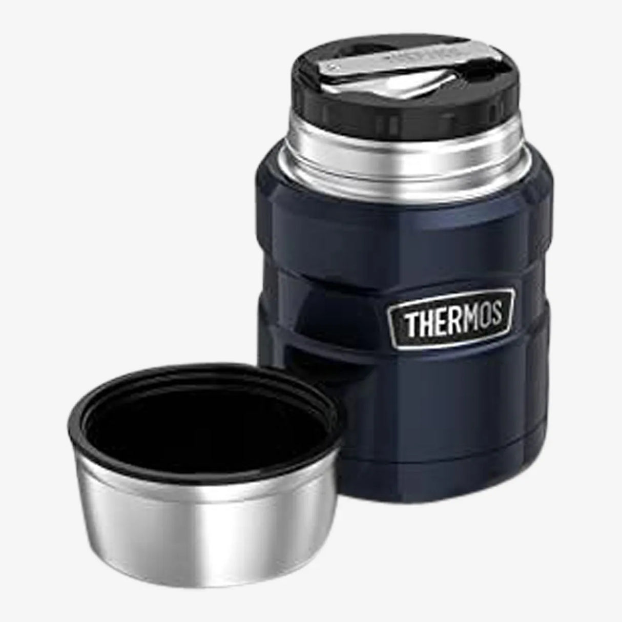 Thermos stainless steel food flask 470ml in navy blue with silver trim, shown with detachable cup and spoon, featuring branded Thermos label