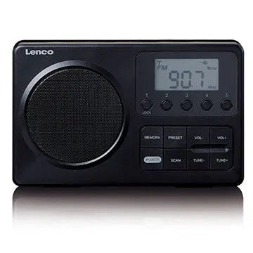 Lenco MPR-035BK-UK black portable FM radio with large speaker grille, LCD digital display showing 90.7 FM frequency, and control buttons for tuning and volume