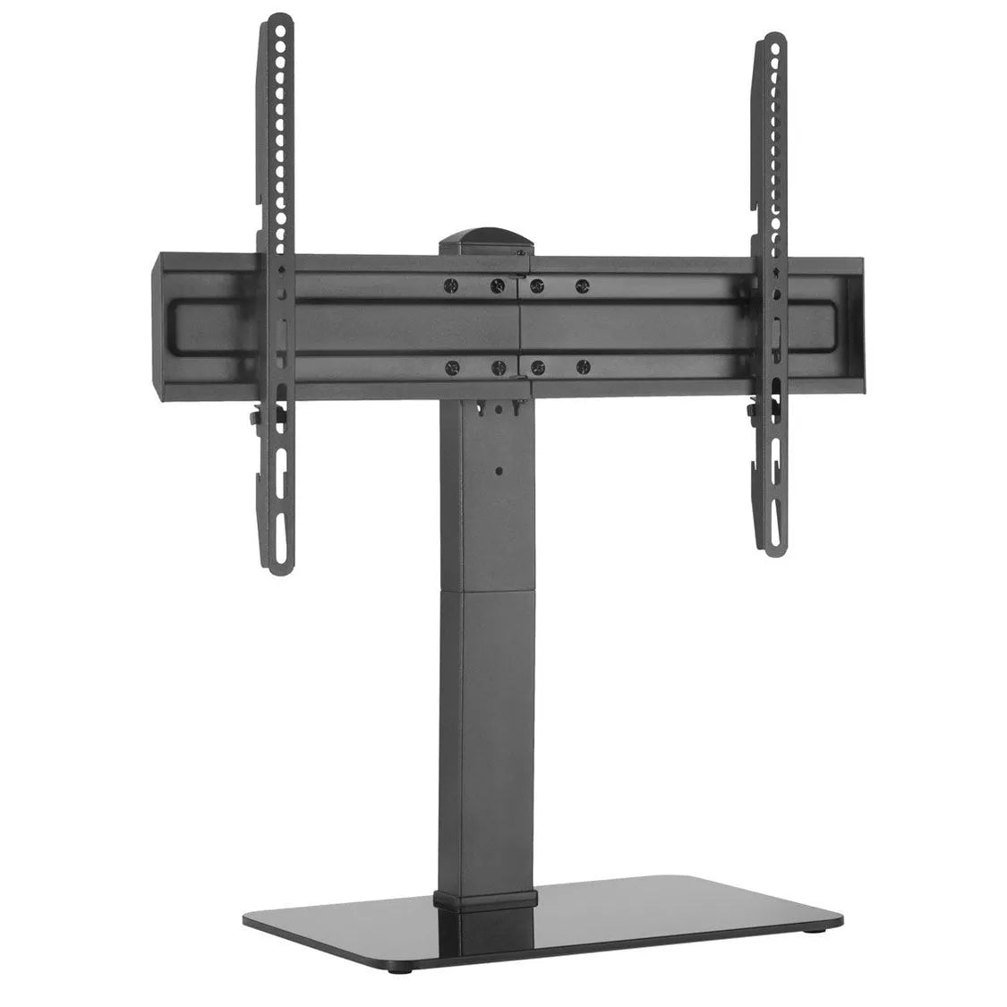 Black universal tabletop TV stand bracket with adjustable mounting arms and perforated steel uprights, supporting screens 23 to 70 inches, featuring a sturdy rectangular base and central pedestal pole