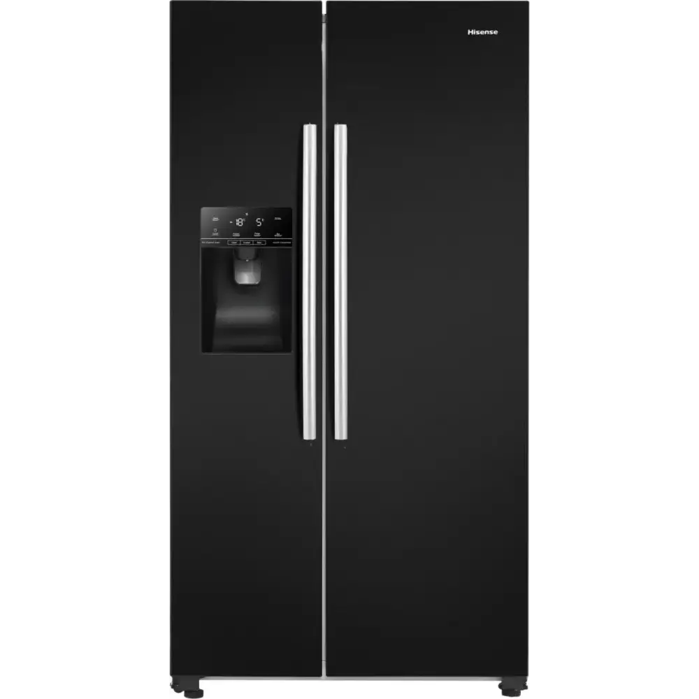 Hisense black American style side-by-side fridge freezer with ice and water dispenser, stainless steel handles and digital temperature control panel