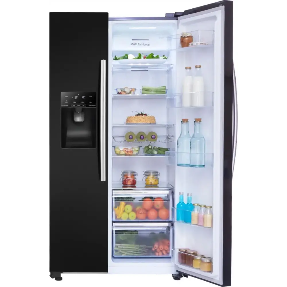Black Hisense American style side-by-side fridge freezer with plumbed water and ice dispenser, stainless steel handle, open door displaying fresh produce, beverages and food items on multiple shelves and drawers