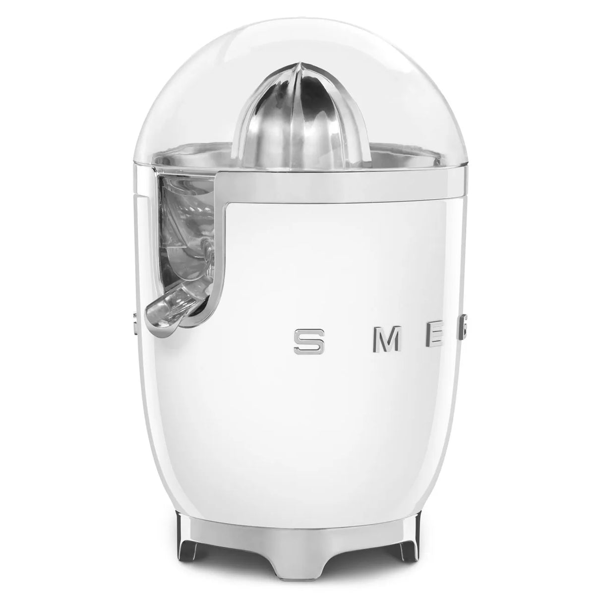 White Smeg 50s retro style electric citrus juicer with stainless steel dome top and lever, clear acrylic body showing internal mechanism, compact cylindrical design with chrome accents and stabilizing feet