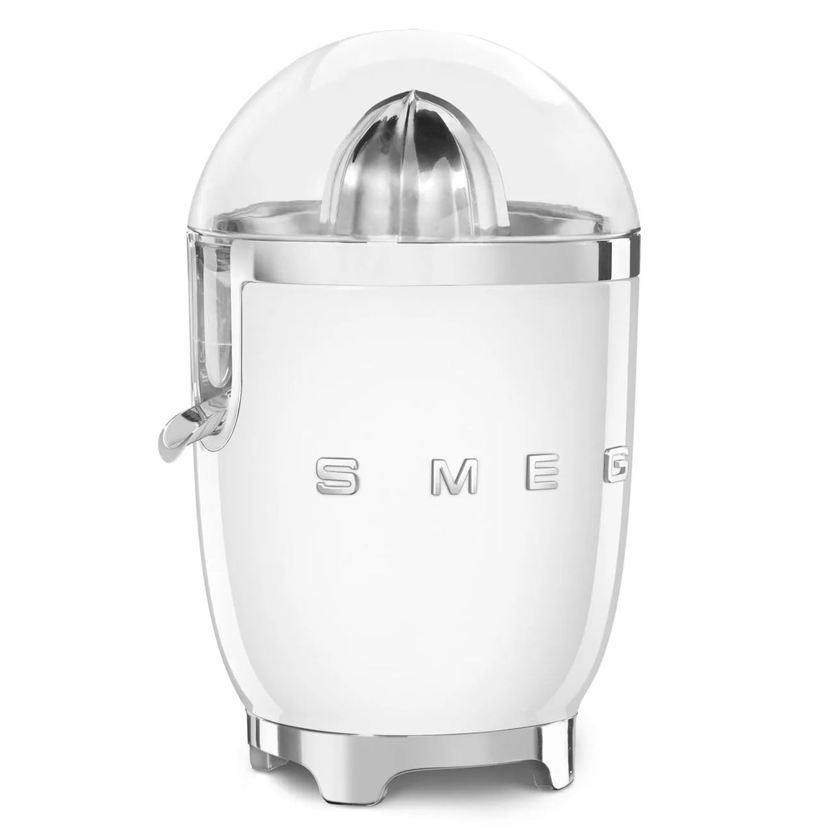 Smeg 50's retro style white electric citrus juicer with stainless steel dome top and chrome accents, featuring prominent SMEG branding on the body and integrated handle