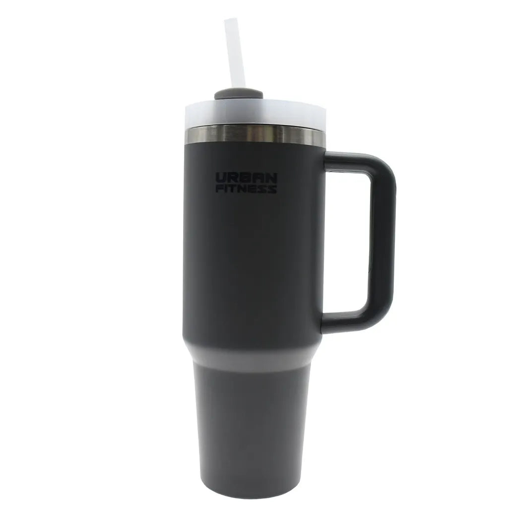 Urban Fitness VitalSip 1.2 litre insulated water bottle in slate grey with stainless steel band, handle and white lid with straw