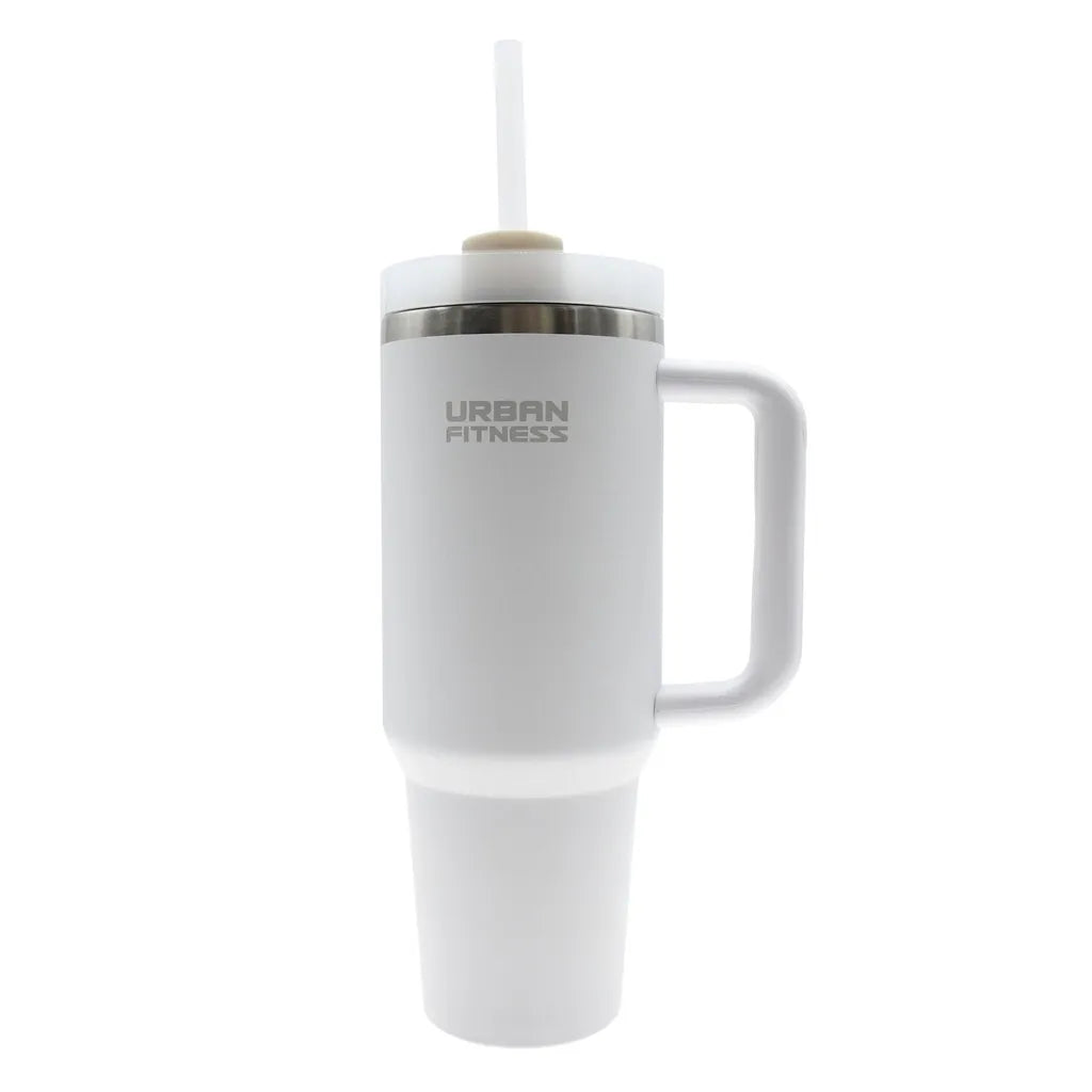White insulated tumbler with handle and straw from Urban Fitness, 1.2 litre capacity, featuring stainless steel band and frosty white finish