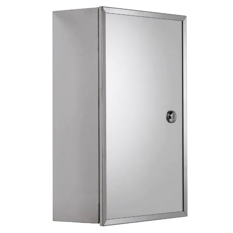 Croydex Trent stainless steel lockable wall cabinet with single door and combination lock mechanism shown at angle view