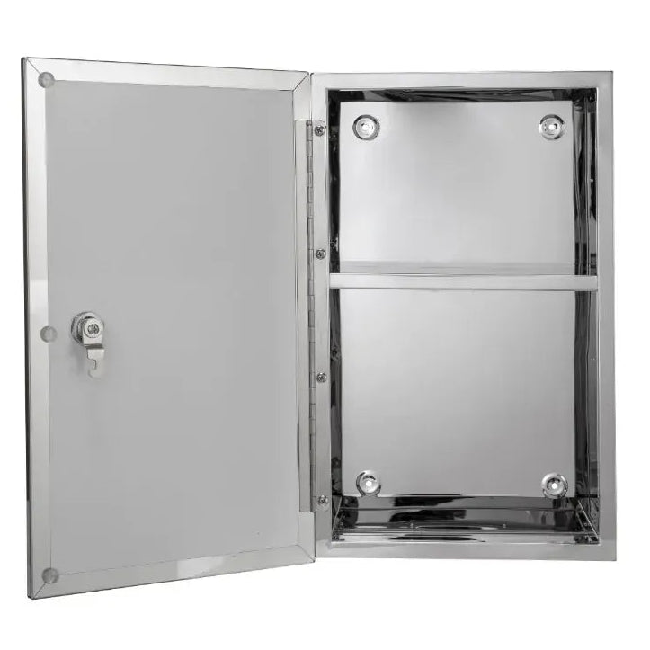 Croydex Trent stainless steel lockable cabinet with open door showing interior shelving and chrome handles