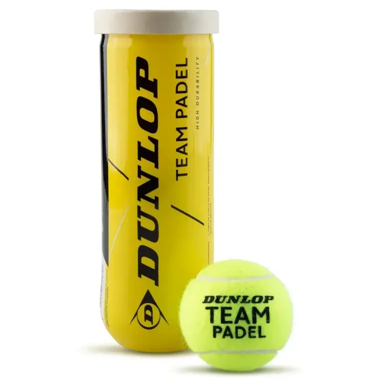 Dunlop Team Padel yellow pressurized tennis balls in tube with one ball displayed showing bright green felt and black text branding