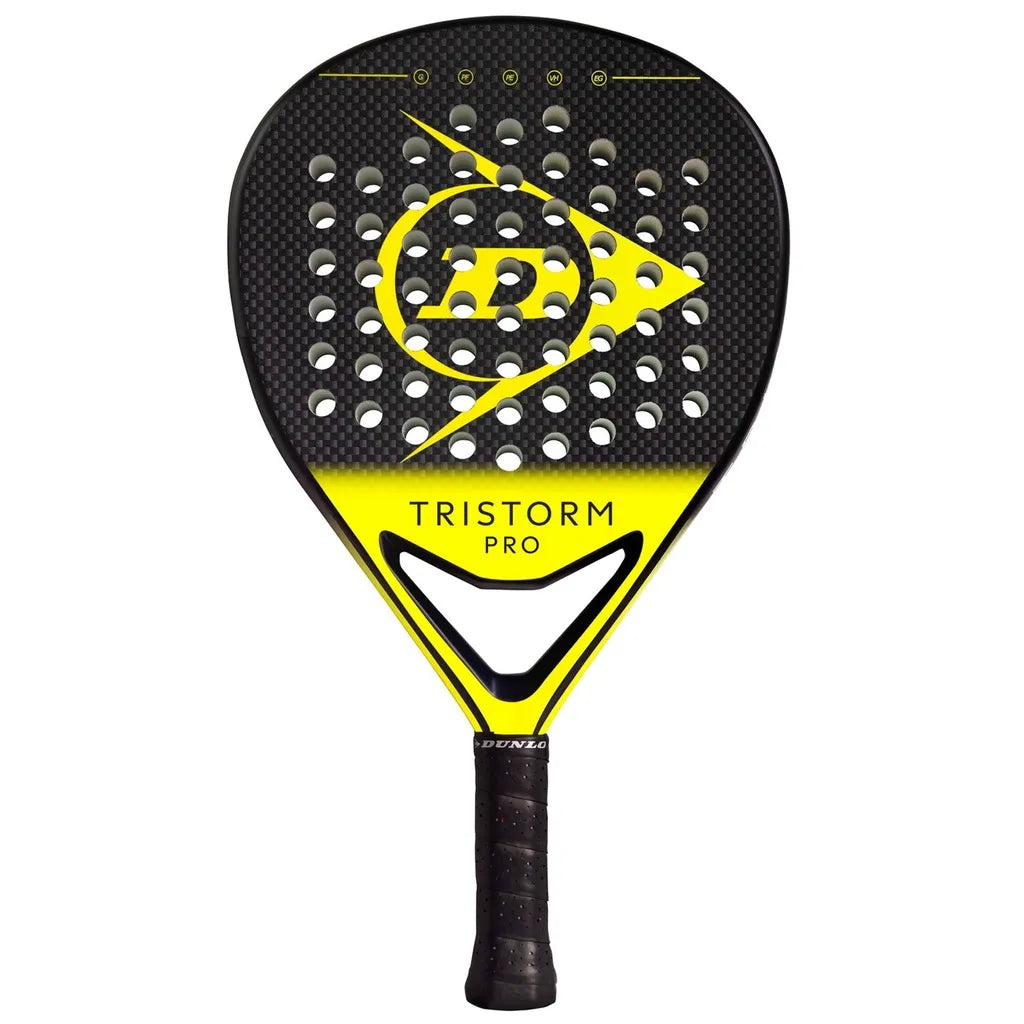 Dunlop Tristorm Pro padel racket with black carbon fiber face, yellow frame and branding, perforated surface pattern, and black grip handle