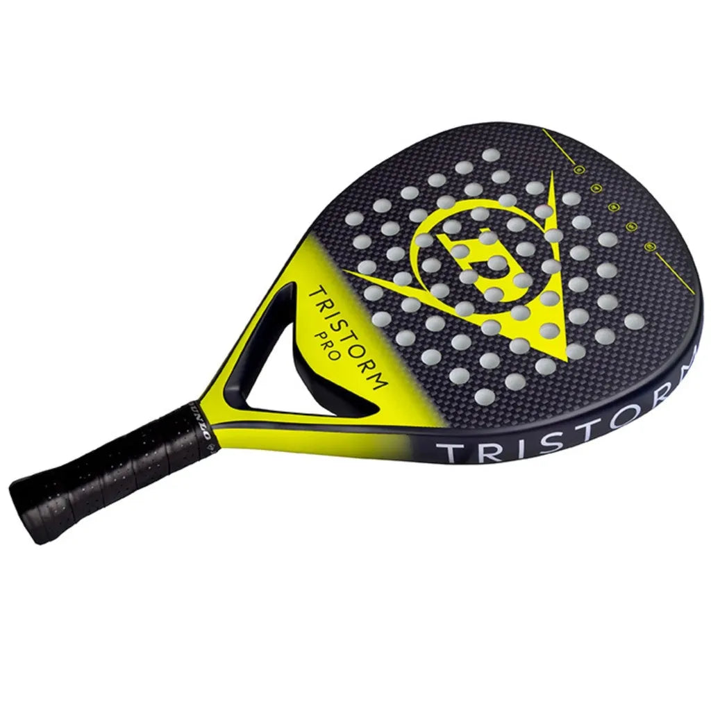 Dunlop Tristorm Pro padel racket with neon yellow frame and black textured face featuring grey perforated pattern and logo design, includes black grip handle