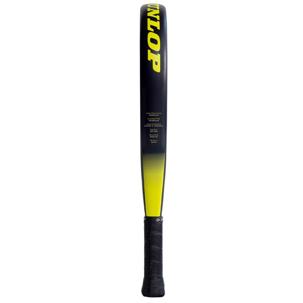 Dunlop Tristorm Pro padel racket with black and yellow color scheme, featuring yellow branding on black handle and grip, isolated on white background