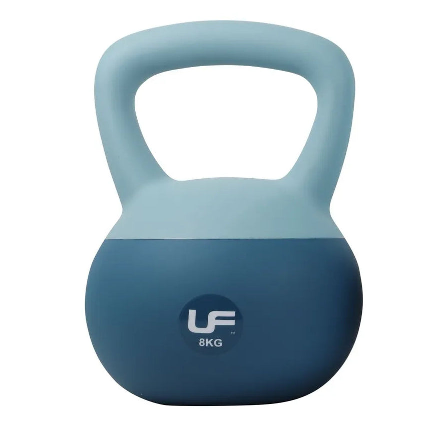 Urban Fitness 8kg dual soft kettlebell with light blue handle and dark blue rubber coated base featuring UF branding