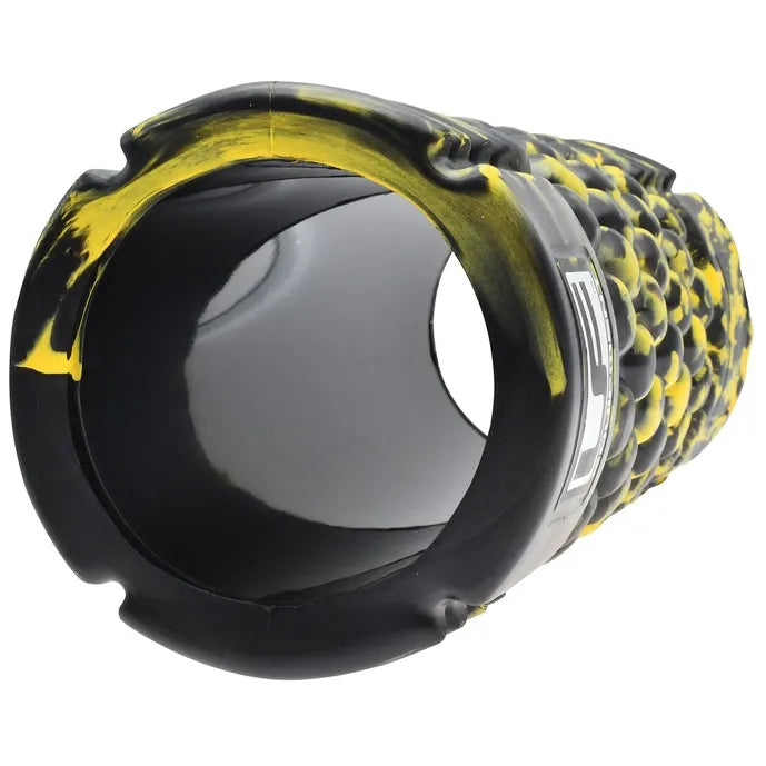 Yellow and black foam massage roller with textured surface, 33cm length, cylindrical design with hollow core for muscle recovery and exercise