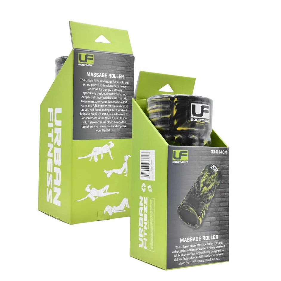 Urban Fitness massage roller in black and yellow with EVA foam and ABS inner, displayed in green and grey packaging showing 33 x 14cm dimensions and usage instruction diagrams