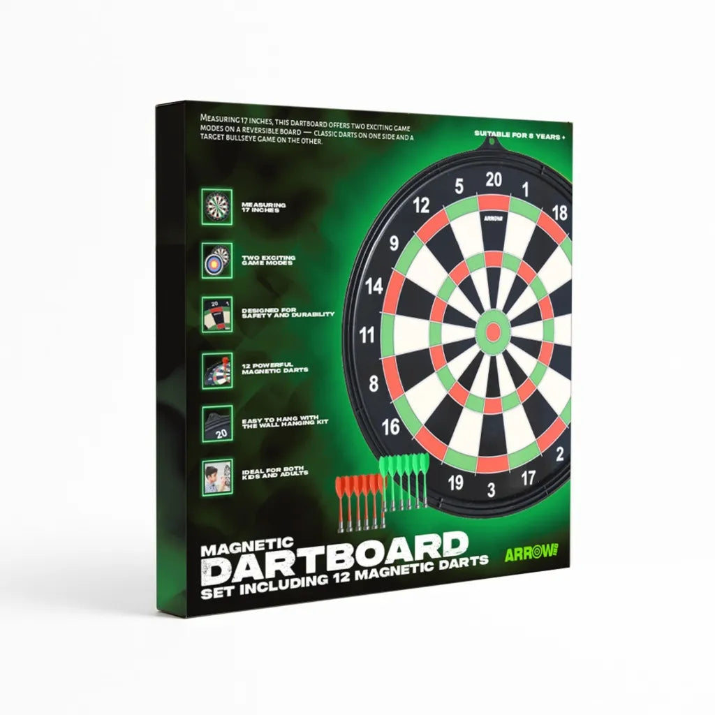 Arrow180 Magnetic Dartboard Set showing a 17-inch dartboard with red, black, white and green segments, numbered 1-20, featuring 12 magnetic darts in orange and green colors displayed on green packaging with product features listed on the left side
