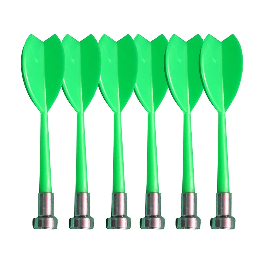 Set of six green magnetic darts with metallic silver bases arranged in a row against white background for Arrow180 Magnetic Dartboard Set