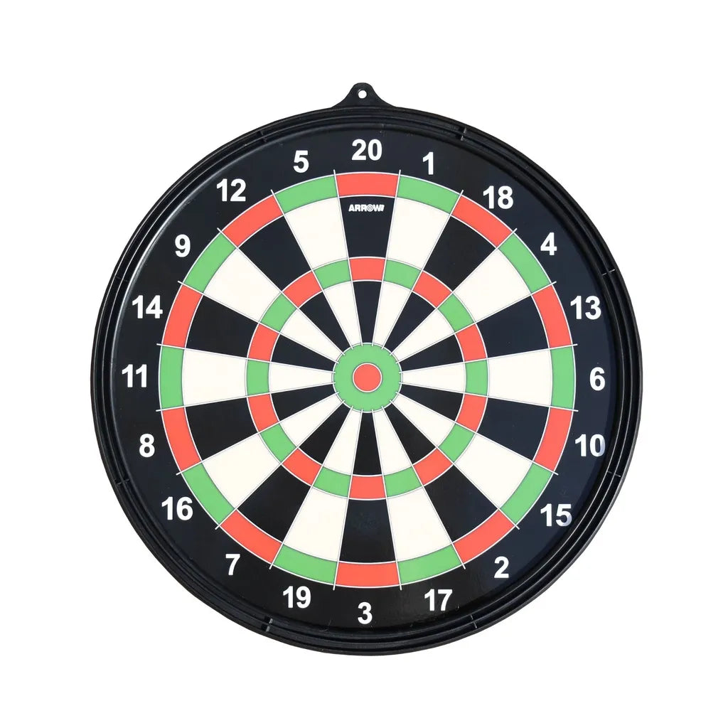 Arrow180 magnetic dartboard with numbered segments 1-20 around black rim, featuring red green white and black colored sections radiating from green center bullseye, professional electronic-style layout on circular black frame with hanging hook