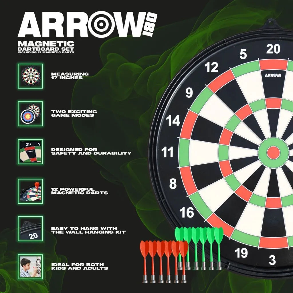 Arrow180 magnetic dartboard set displaying 17-inch board with black, red, white and green segments, 12 magnetic darts in red and green, wall hanging kit and product features on dark green background