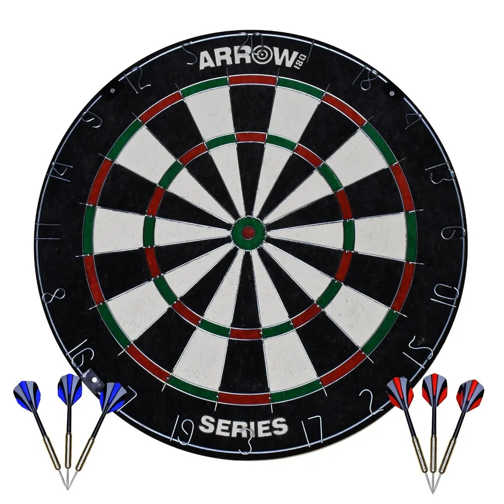 Arrow180 Bristle Dartboard Set showing professional dartboard with black, white, red and green segments, numbered 1-20 around outer ring, accompanied by six darts with blue and red feathered flights