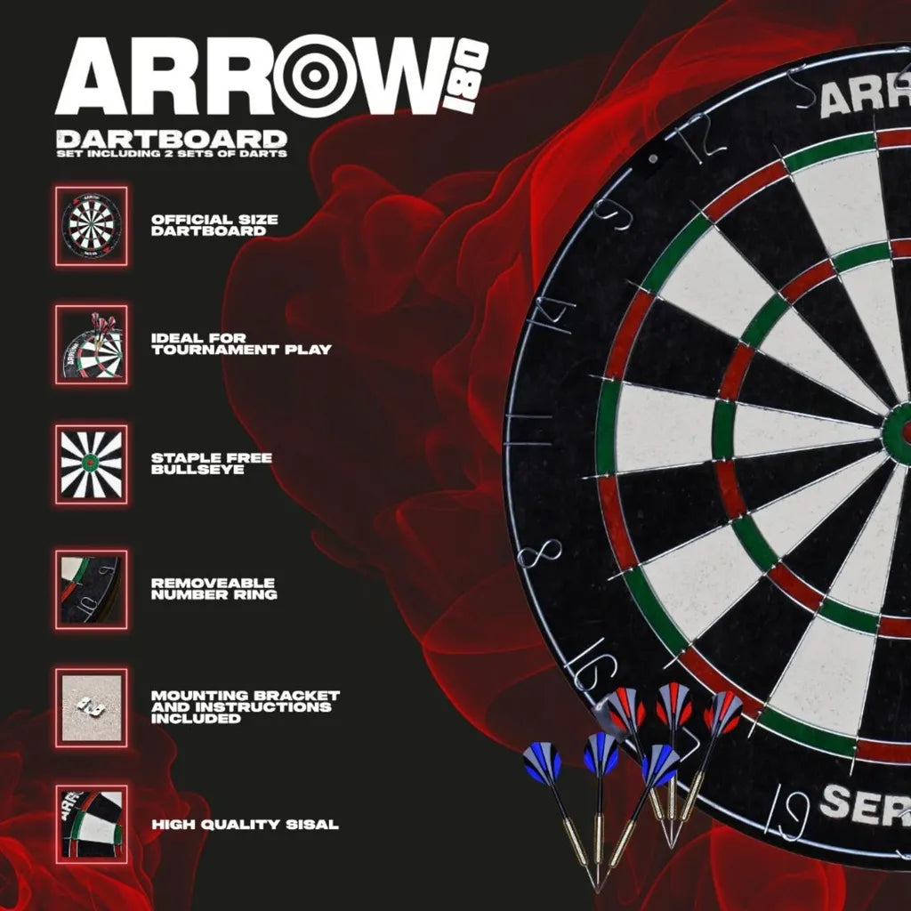 Arrow180 professional bristle dartboard set featuring official size board with staple-free bullseye, removable number ring, mounting bracket, and two sets of darts in red and blue with high quality sisal surface on dark red background