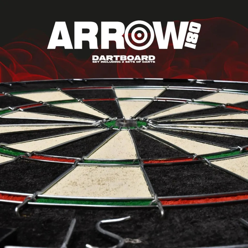 Arrow180 bristle dartboard set featuring traditional circular design with cream and black segments, red and green wire dividers, and center bullseye, shown in close-up perspective with product title and text indicating inclusion of 2 sets of darts