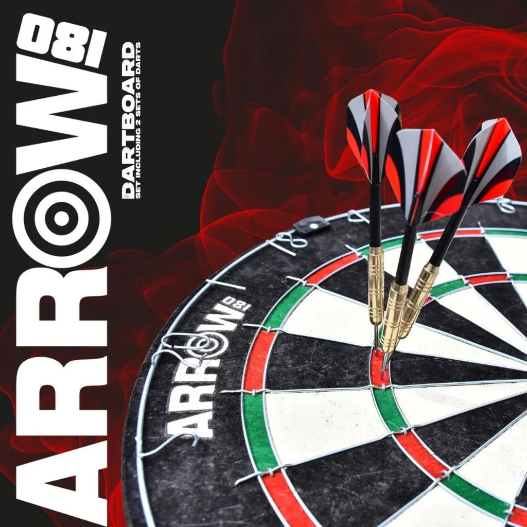 Arrow181 Bristle Dartboard Set featuring professional red white and black dartboard with three red and black feathered darts in the bullseye against a red abstract background
