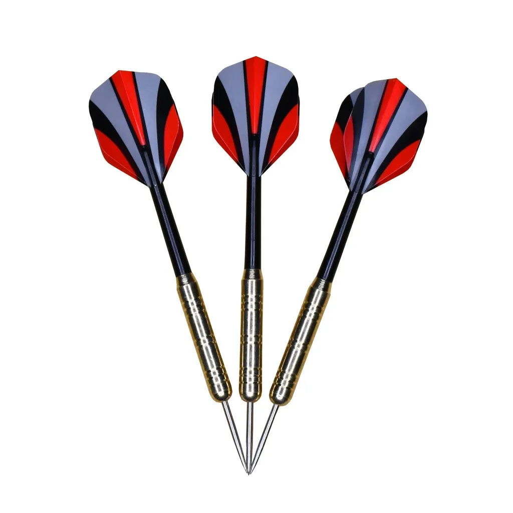 Three red, black and grey feathered darts with brass barrels and metal tips displayed against a white background