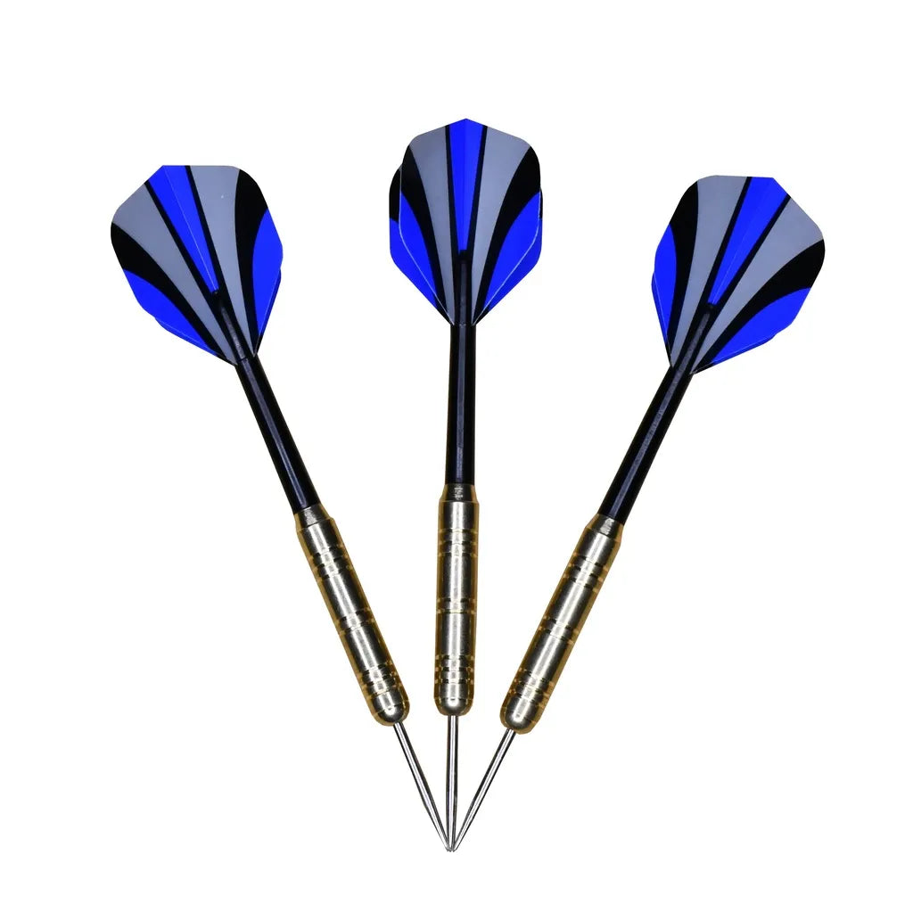 Three professional bristle darts with blue and gray flights, black shafts, and brass barrels arranged in a fan formation against a white background