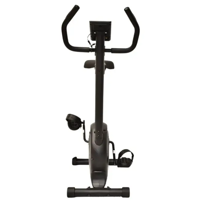 Black magnetic exercise bike with curved handlebars, upright frame, digital console, pedals with straps, and sturdy base viewed from front against white background