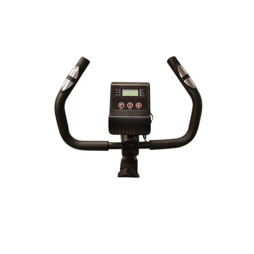 Black magnetic exercise bike with curved handlebars and digital LCD display console featuring control buttons, front view on white background