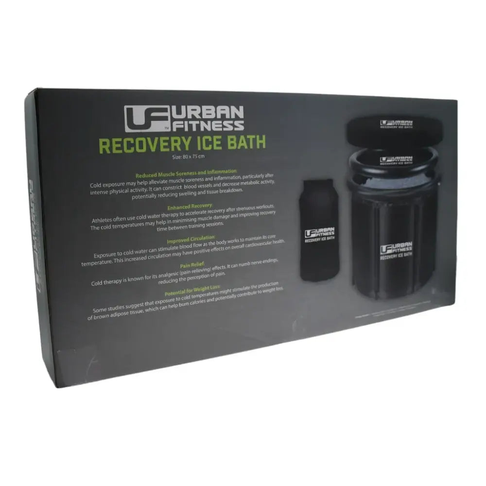 Urban Fitness Recovery Ice Bath black inflatable tub 80cm x 75cm in product packaging showing benefits and features