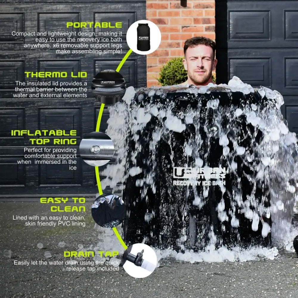 Man standing in black inflatable ice bath with ice and water during recovery session, featuring labeled callout boxes highlighting portable design with removable support legs, insulated thermo lid, inflatable top ring, easy-clean PVC lining, and drain tap against dark brick building backdrop