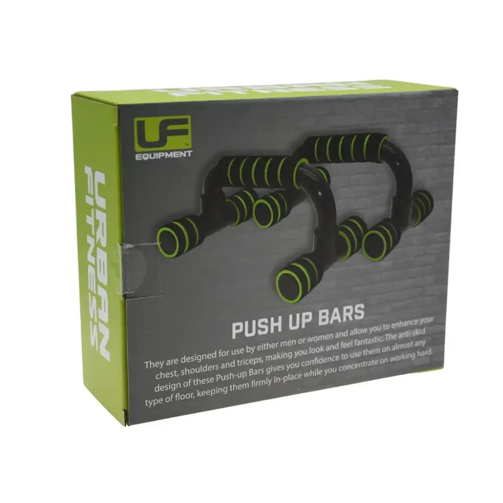 Urban Fitness Push Up Bars in black with neon green accents and handles shown on product packaging box with grey and lime green branding