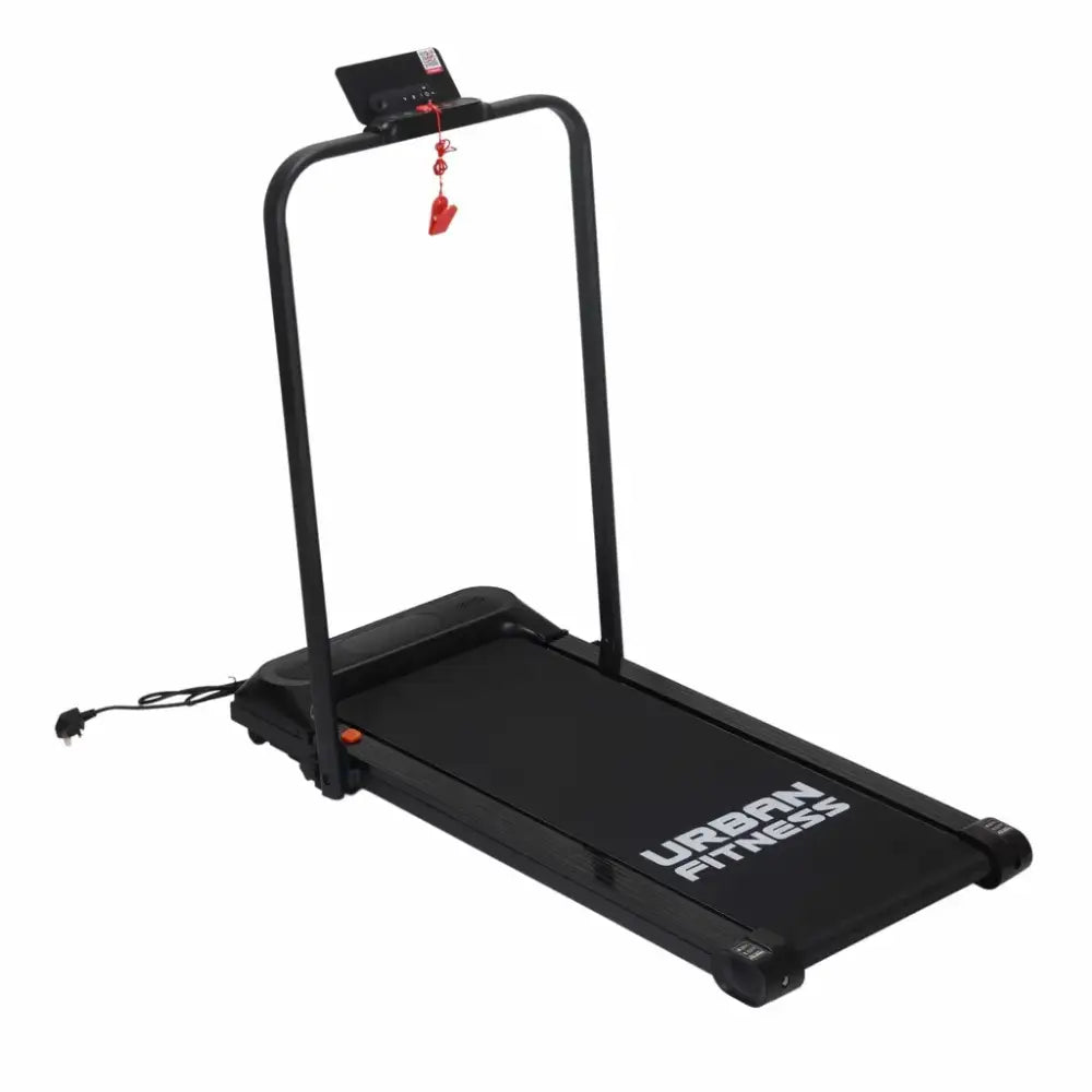 Black Urban Fitness walking treadmill with control console, handrails and red safety key lanyard attachment displayed against white background