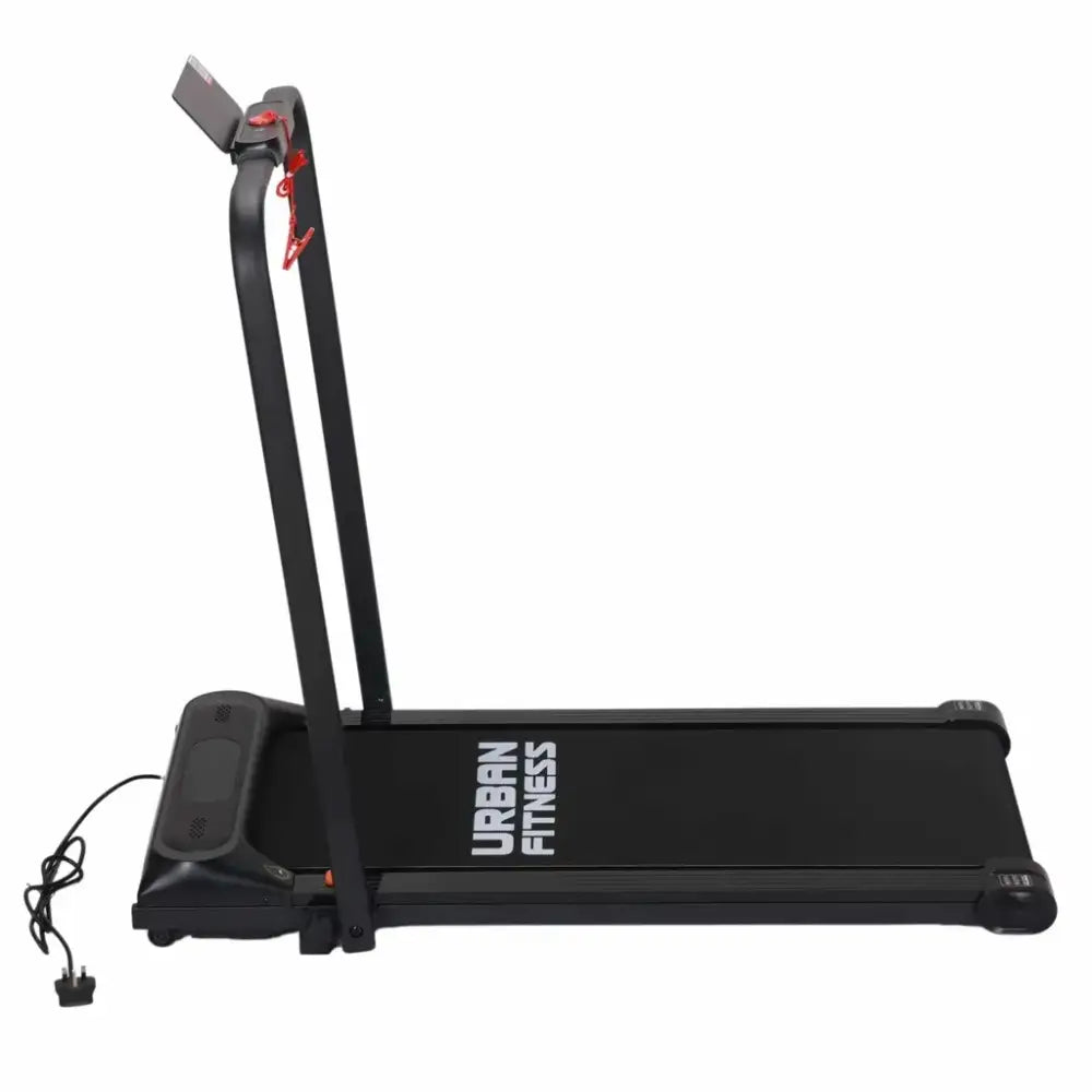 Black Urban Fitness walking treadmill with dual handrails featuring red accents, compact foldable design, and power cord visible on white background