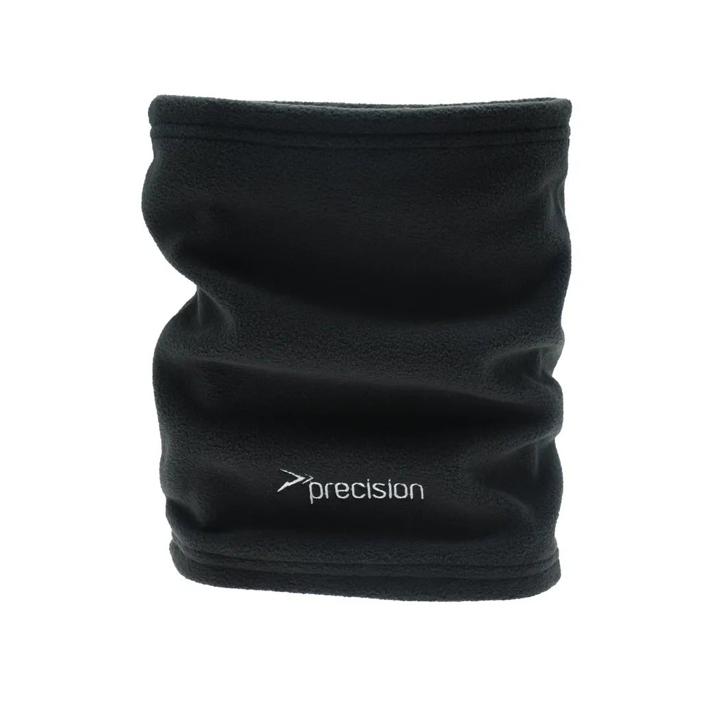Black Precision Essential fleece neck warmer snood with gathered fabric design and white logo text on white background
