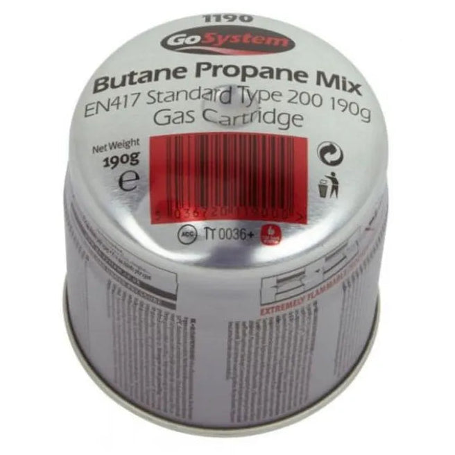 Go System butane propane mix gas cartridge 190g EN417 standard type 200 with red label and barcode on silver metal canister