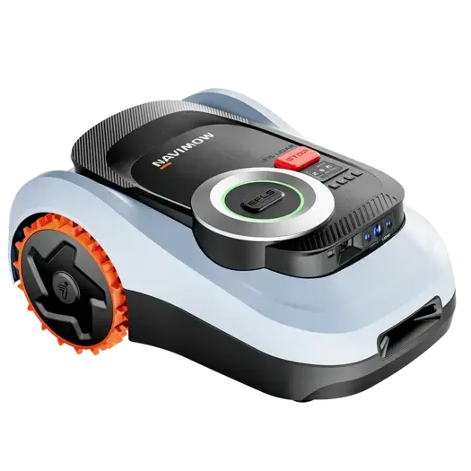 Segway Navimow i215 robotic lawn mower with white and black body, orange wheel trim, and black control panel with circular green button on top, shown against white background