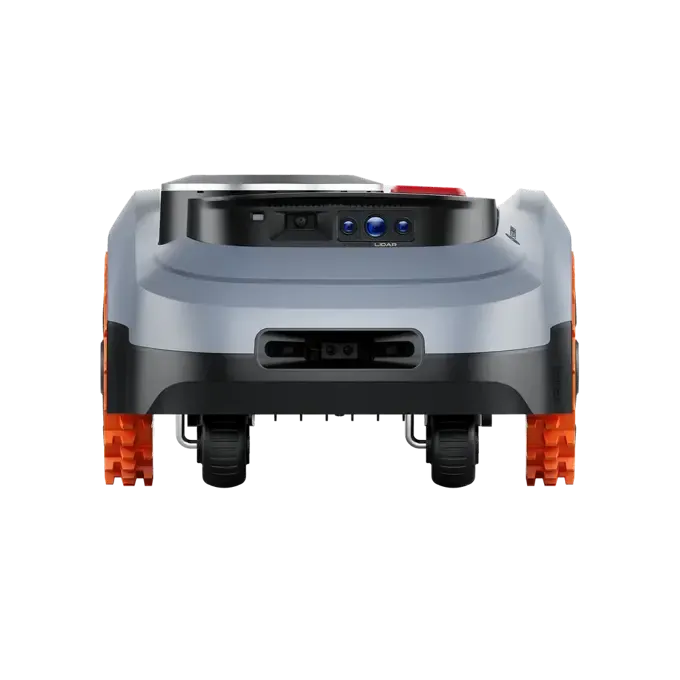 Segway Navimow i215 LiDAR robotic lawn mower viewed from front, featuring light grey and black upper body with orange front bumper and wheel guards, control panel with blue indicators on top, and dual black wheels visible underneath