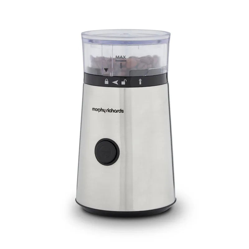 Morphy Richards Brew and Blend electric coffee grinder in white and stainless steel with black control band and transparent grinding chamber showing coffee beans and MAX fill line