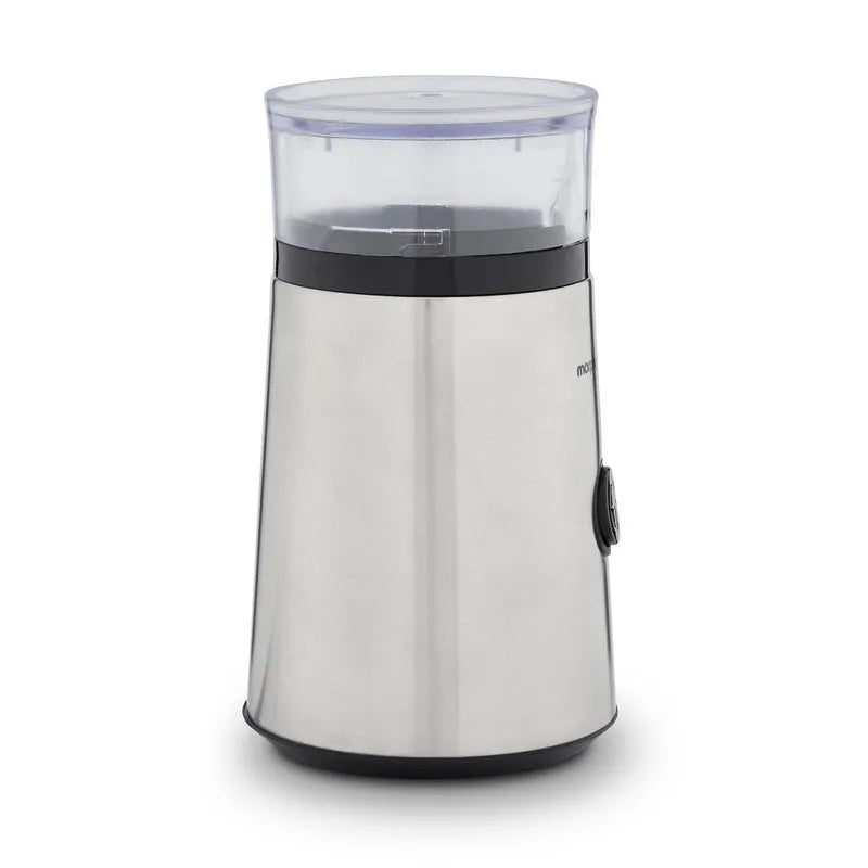 Morphy Richards Brew and Blend electric coffee grinder in stainless steel with black accents, featuring a transparent upper chamber and conical burr mechanism visible through clear plastic top