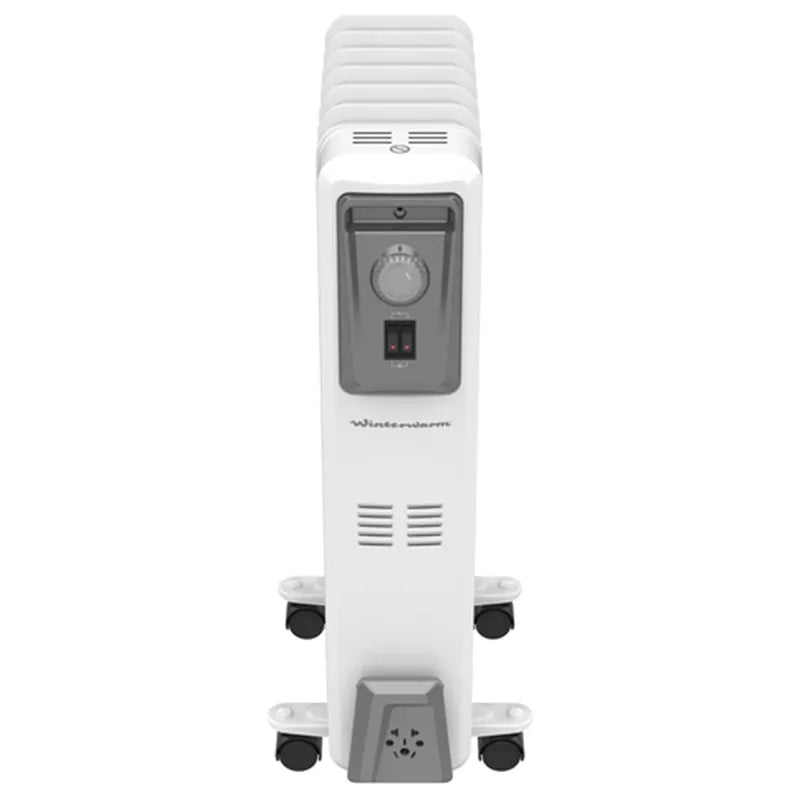 White 2kW oil-filled radiator with thermostat control dial, power switch, ventilation grilles and four black castors by Winterwarm